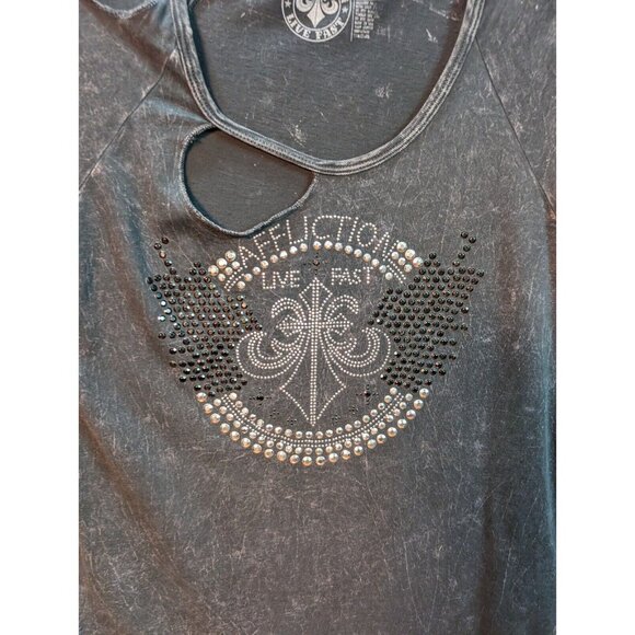 Affliction Live Fast American Customs T-Shirt Women's Size Medium Ripped Studded - Picture 2 of 6